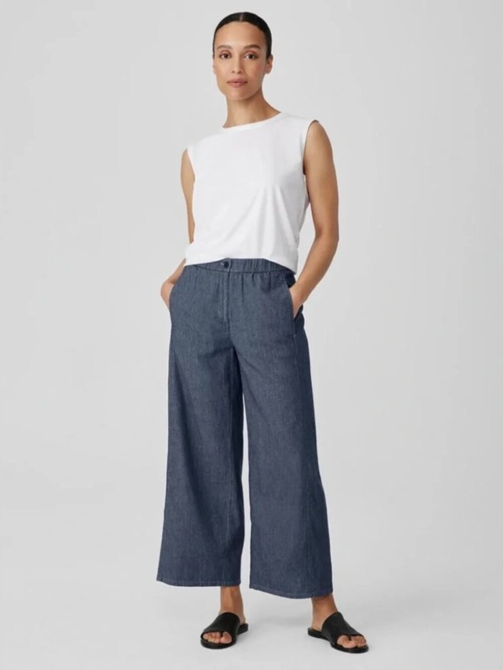 Eileen Fisher Organic Cotton Twill Ankle Wide Leg Pants Size L